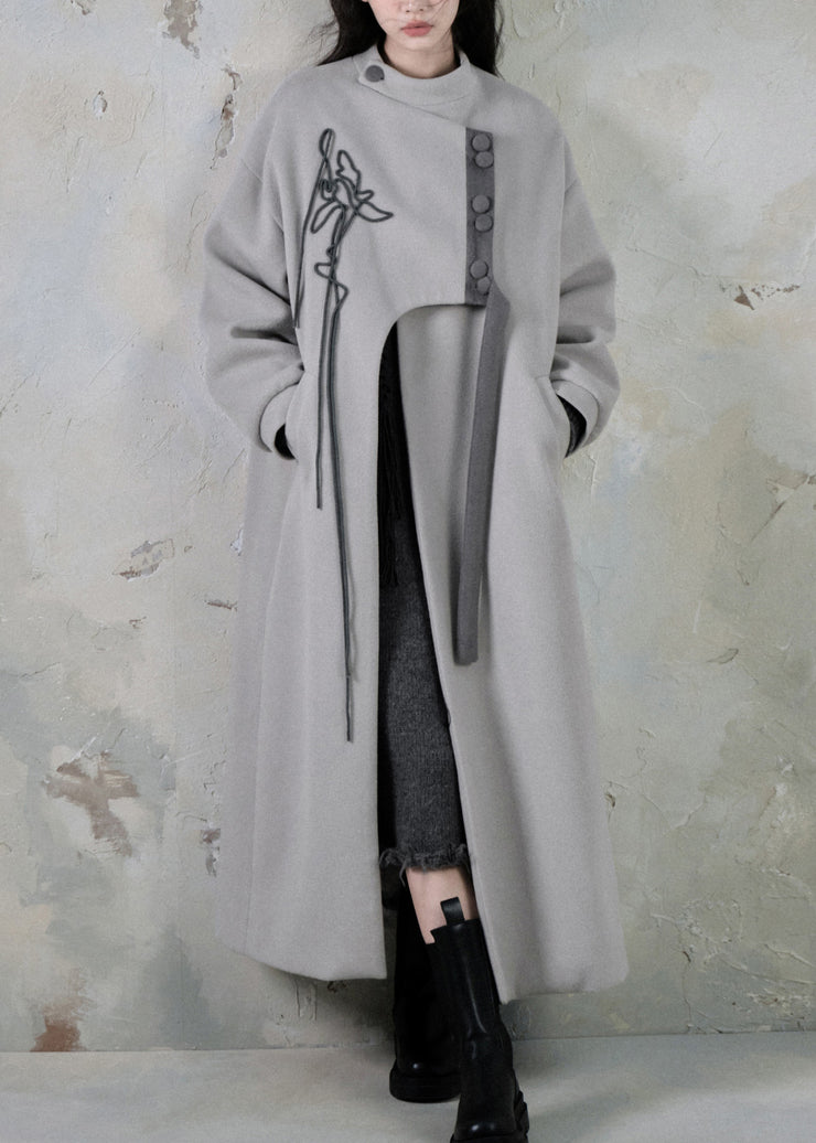 Loose Black Asymmetrical Button Pockets Woolen Long Coats Spring