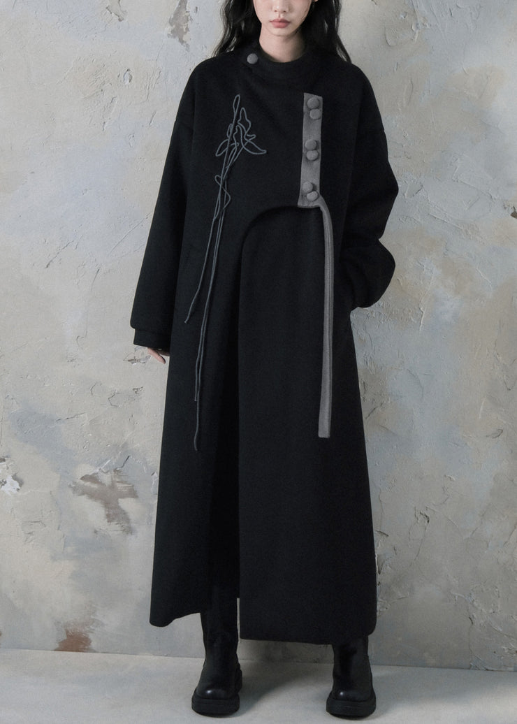 Loose Black Asymmetrical Button Pockets Woolen Long Coats Spring