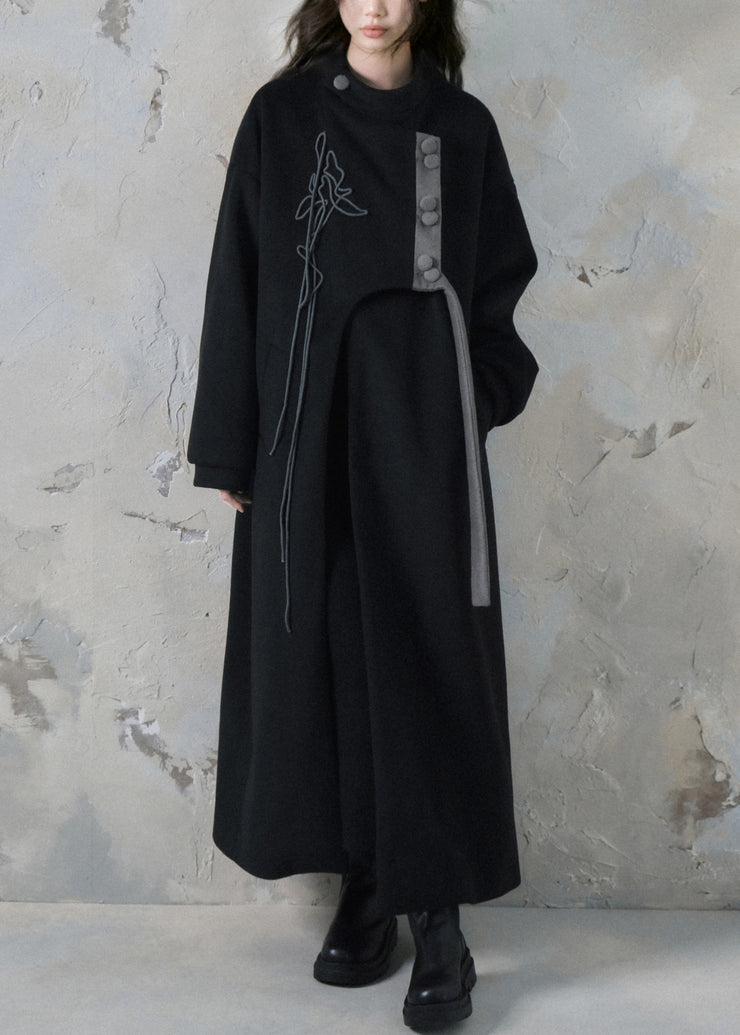 Loose Black Asymmetrical Button Pockets Woolen Long Coats Spring