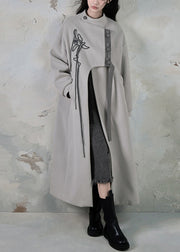 Loose Black Asymmetrical Button Pockets Woolen Long Coats Spring