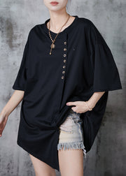 Loose Black Asymmetrical Buttons Cotton Tanks Summer