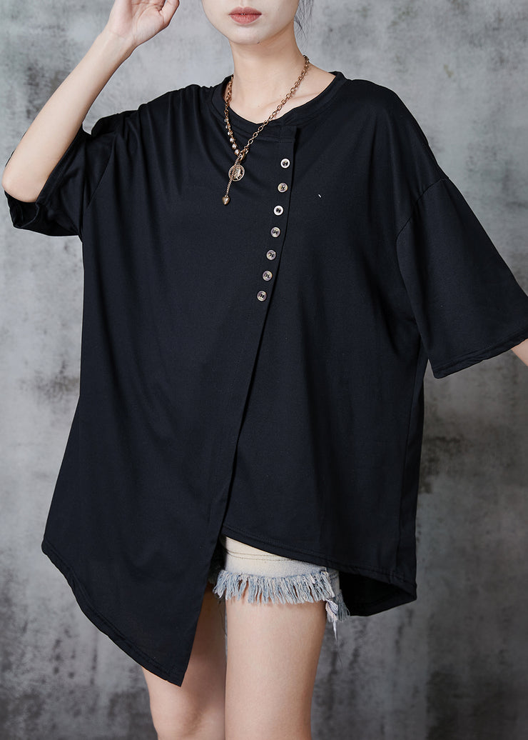 Loose Black Asymmetrical Buttons Cotton Tanks Summer