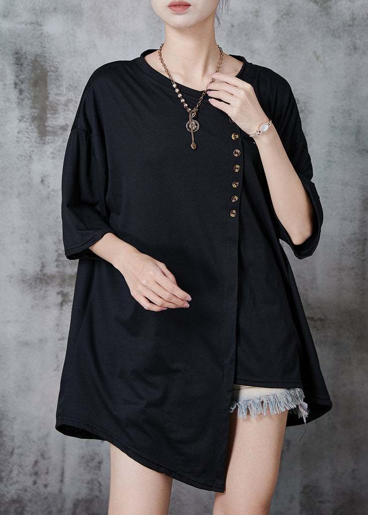 Loose Black Asymmetrical Buttons Cotton Tanks Summer