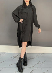 Loose Black Asymmetrical Chinese Button Cotton Shirts Dresses Fall