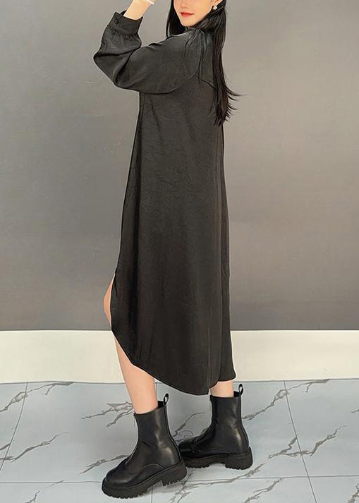 Loose Black Asymmetrical Chinese Button Cotton Shirts Dresses Fall