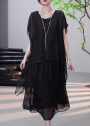 Loose Black Asymmetrical False Two Pieces Chiffon Dress Summer