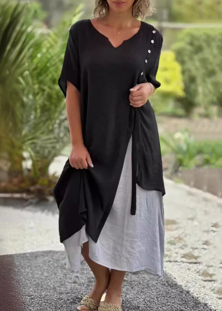 Loose Black Asymmetrical Patchwork Cotton Long Dress Summer