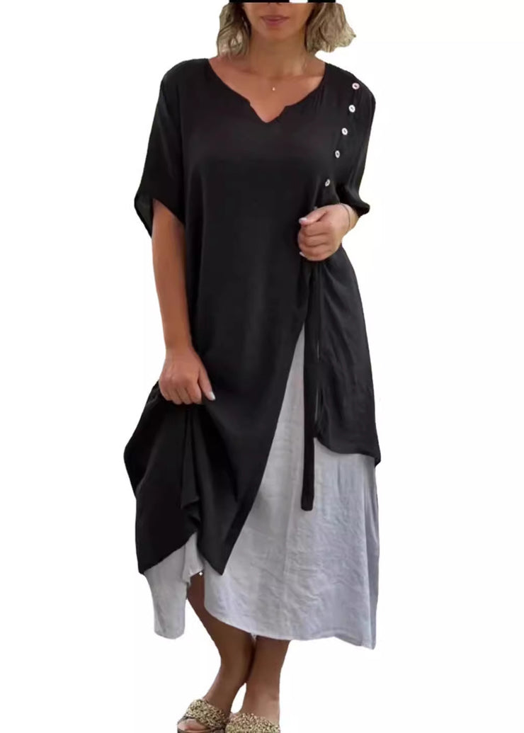 Loose Black Asymmetrical Patchwork Cotton Long Dress Summer