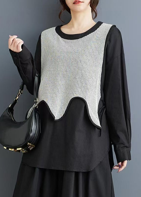 Loose Black Asymmetrical Patchwork False Two Pieces Cotton Shirt Top Spring