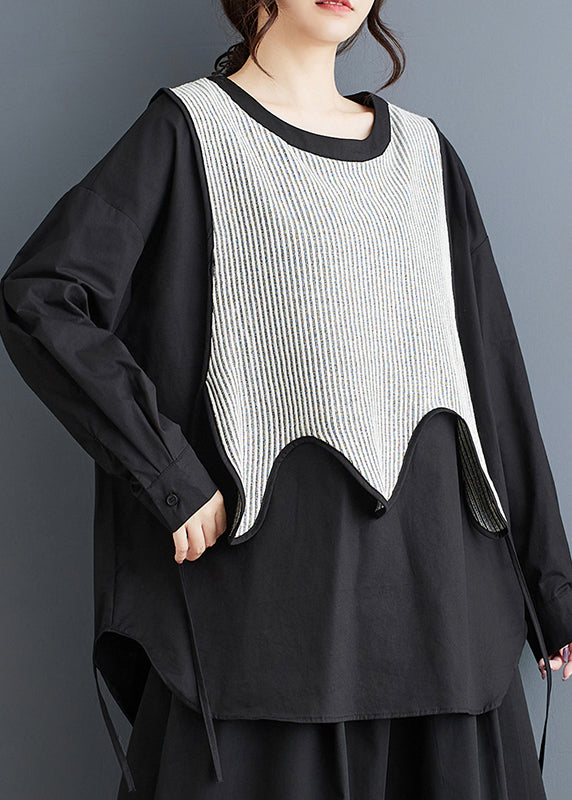 Loose Black Asymmetrical Patchwork False Two Pieces Cotton Shirt Top Spring