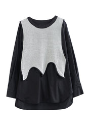 Loose Black Asymmetrical Patchwork False Two Pieces Cotton Shirt Top Spring