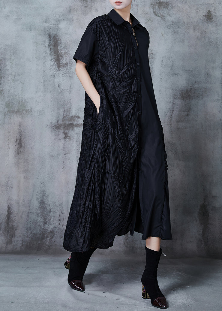 Loose Black Asymmetrical Patchwork Wrinkled Cotton Dress Summer