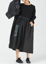 Loose Black Asymmetrical Print Cotton Dress Long Sleeve