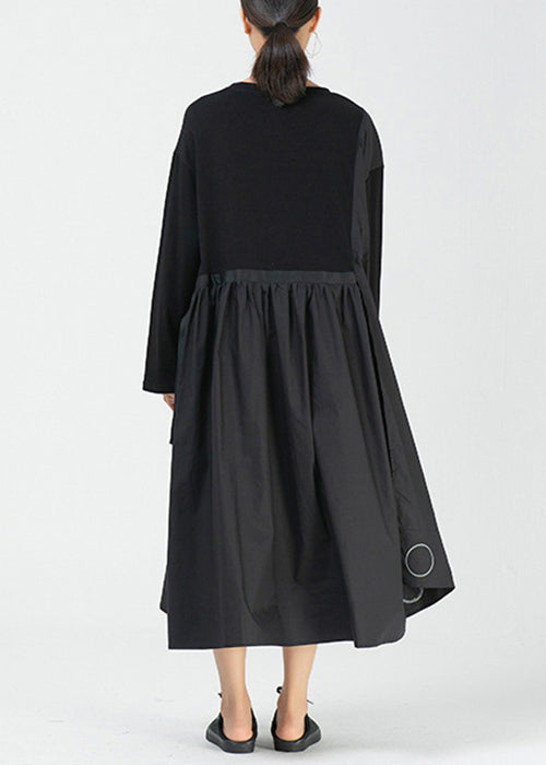 Loose Black Asymmetrical Print Cotton Dress Long Sleeve