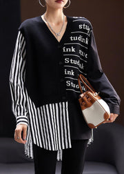 Loose Black Asymmetrical Print Knit Patchwork Cotton Tops Spring