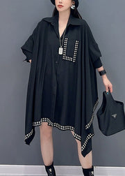 Loose Black Asymmetrical Rivet Patchwork Cotton Shirts Batwing Sleeve