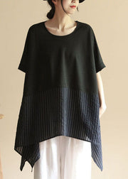 Loose Black Asymmetrical Striped Patchwork Cotton T Shirt Top Summer