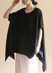 Loose Black Asymmetrical Striped Patchwork Cotton T Shirt Top Summer