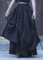 Loose Black Asymmetrical Wrinkled Elastic Waist Cotton Skirt Summer
