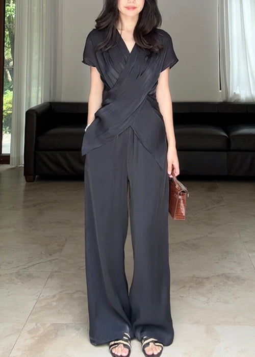 Loose Black Asymmetrical Wrinkled Silk Two Pieces Set Summer