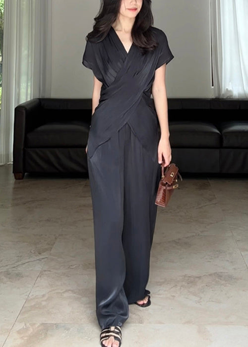 Loose Black Asymmetrical Wrinkled Silk Two Pieces Set Summer
