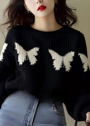 Loose Black Butterfly Print Knit Sweater Spring