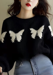 Loose Black Butterfly Print Knit Sweater Spring