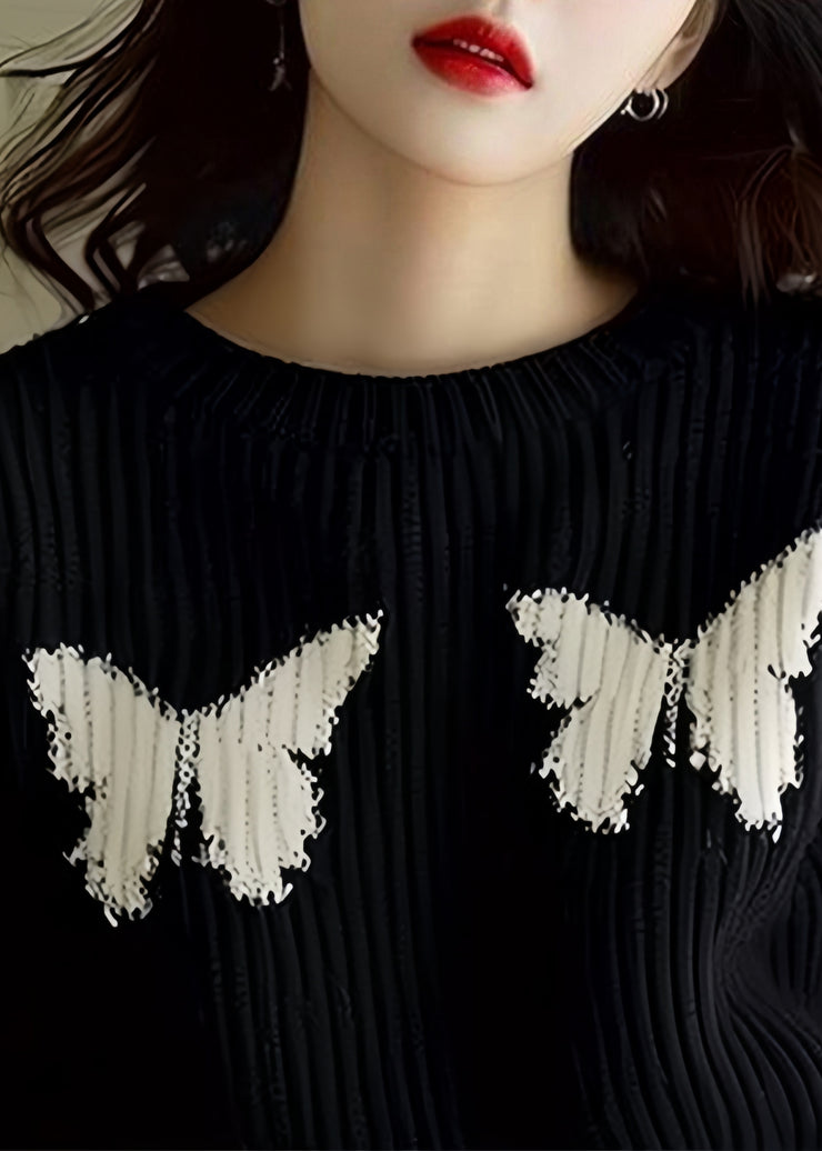 Loose Black Butterfly Print Knit Sweater Winter