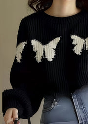 Loose Black Butterfly Print Knit Sweater Spring