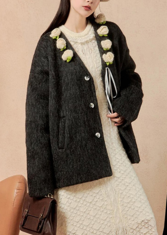 Loose Black Button Floral Patchwork Woolen Coat Winter