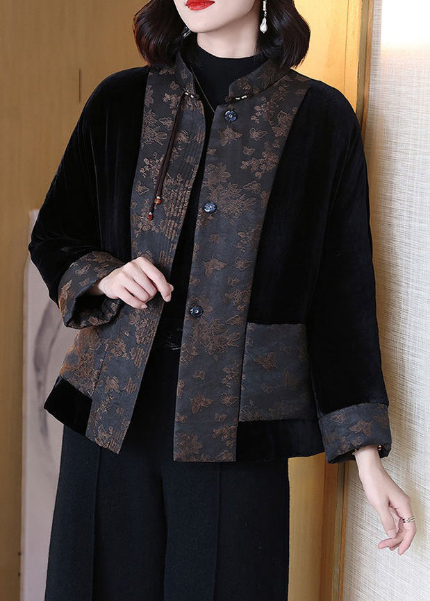 Loose Black Button Pockets Cotton Filled Coats Long Sleeve