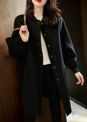 Loose Black Button Pockets Patchwork Woolen Coats Winter