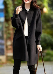 Loose Black Button Pockets Patchwork Woolen Coats Winter