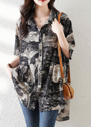 Loose Black Button Print Low High Design Cotton Shirt Summer