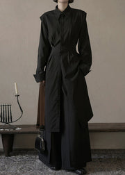 Loose Black Button Shirts And Wide Leg Pants Cotton Two Pieces Set Spring