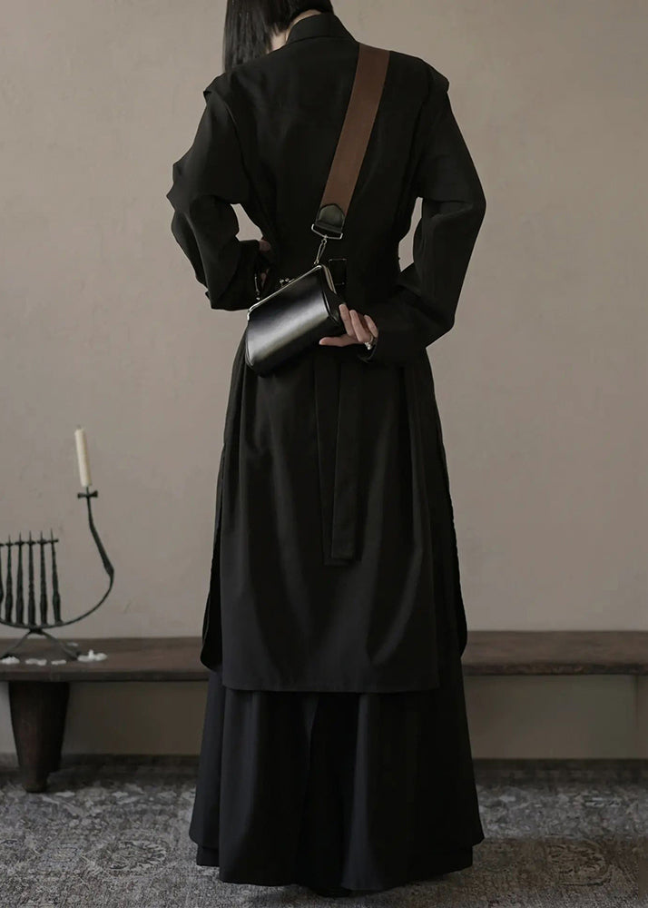 Loose Black Button Shirts And Wide Leg Pants Cotton Two Pieces Set Spring