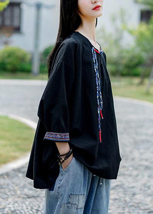 Loose Black Button Solid Linen Tops Bracelet Sleeve