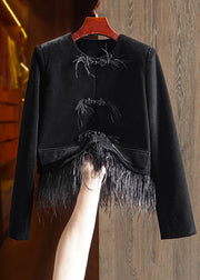 Loose Black Button Tasseled Detachable Patchwork Velour Coats Long Sleeve