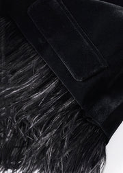 Loose Black Button Tasseled Detachable Patchwork Velour Coats Long Sleeve