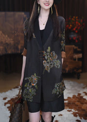 Loose Black Chinese Button Print Silk Shirt Half Sleeve