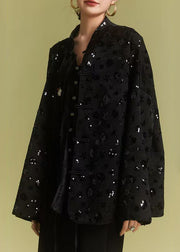 Loose Black Chinese Button Sequins Coats Fall