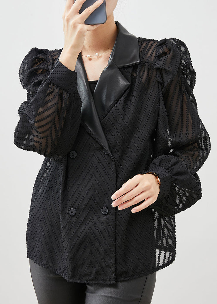 Loose Black Double Breast Patchwork Chiffon Shirt Puff Sleeve