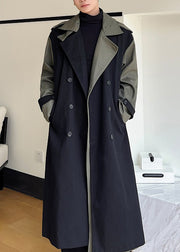 Loose Black Double Breast Pockets Patchwork Cotton Men Trench Coats Winter