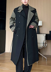 Loose Black Double Breast Pockets Patchwork Cotton Men Trench Coats Winter