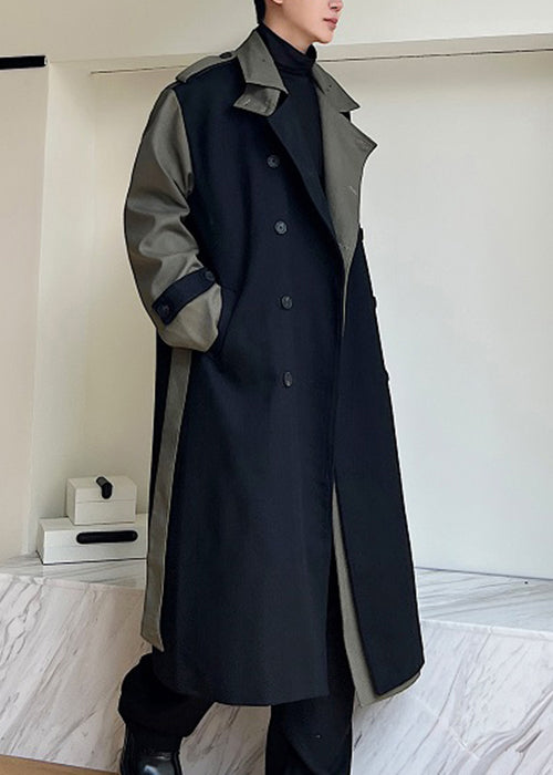 Loose Black Double Breast Pockets Patchwork Cotton Men Trench Coats Winter