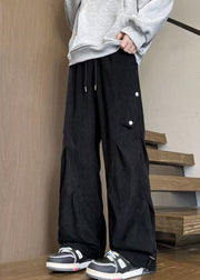 Loose Black Drawstring Elastic Waist Warm Fleece Men Pants Spring