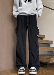 Loose Black Drawstring Elastic Waist Warm Fleece Men Pants Spring