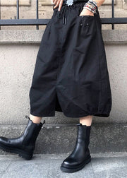 Loose Black Drawstring Patchwork Elastic Waist Lantern Skirts