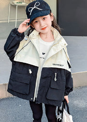 Loose Black Drawstring Patchwork Zippered Pockets Girls Hooded Coats Fall