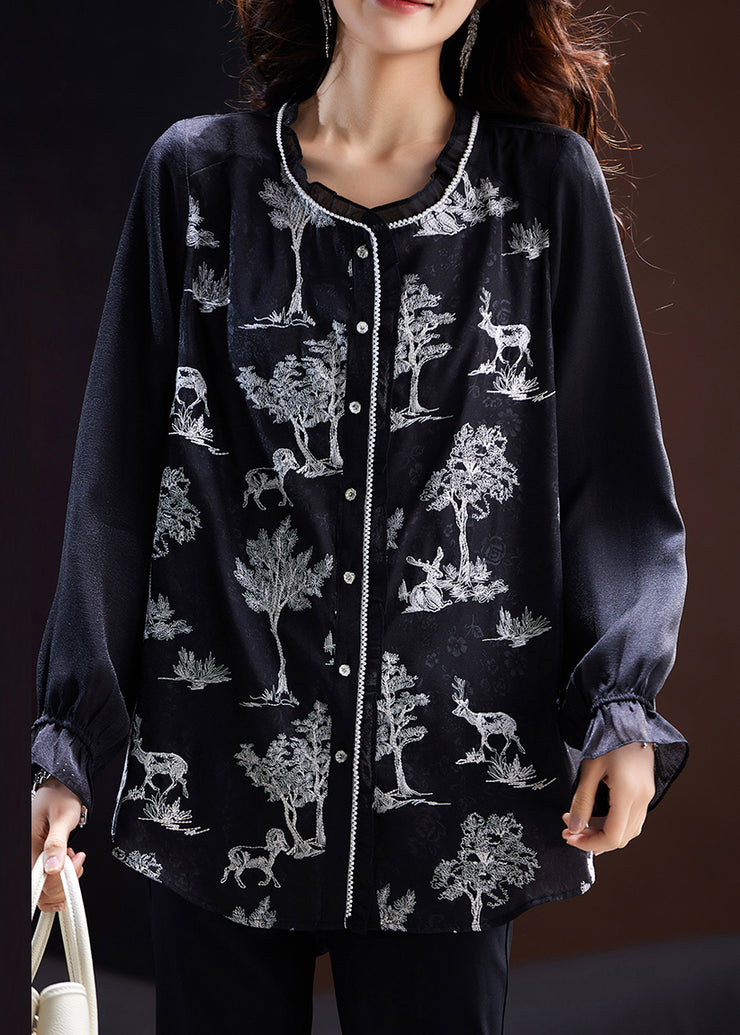 Loose Black Embroidered Button Chiffon Blouses Long Sleeve